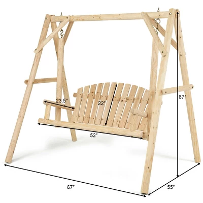 Costway A-Frame Wooden Porch Swing Outdoor Garden Rural Torched Log Curved Back Bench 1 Costway A-Frame Wooden Porch Swing Outdoor Garden Rural Torched Log Curved Back Bench