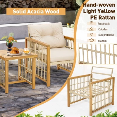 Costway 3PCS Patio PE Wicker Conversation Set Acacia Wood Frame WithSeat & Back Cushions 5 Costway 3PCS Patio PE Wicker Conversation Set Acacia Wood Frame WithSeat & Back Cushions - Image 5