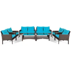 Costway 8PCS Patio Rattan Sectional Furniture Set Loveseat Sofa Coffee Table W/Turquoise Cushion