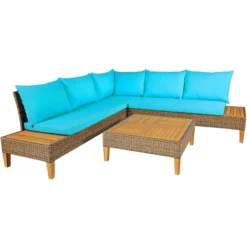 Costway 8PCS Patio Rattan Furniture Set Loveseat W/Wooden Side Table Cushioned Turquoise -Outdoor Deals Garden Store GUEST c4050870 c736 443b 89c3 06ac4421e84c