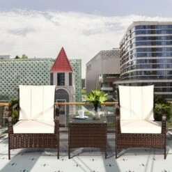 Costway 3 PCS Patio Rattan Furniture Set Coffee Table & 2 Rattan Chair W/White Cushions