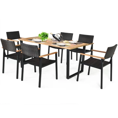 Costway 7PCS Patio Rattan Patented Dining Chair Table Set Solid Wood Frame Umbrella Hole 8 Costway 7PCS Patio Rattan Patented Dining Chair Table Set Solid Wood Frame Umbrella Hole - Image 8