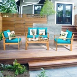 Costway 4PCS Patio Furniture Set Acacia Wood Thick Cushion Loveseat Sofa Off WhiteTurquoiseGrey -Outdoor Deals Garden Store GUEST c5c49931 86ab 4bf8 8d9e 39e994983350