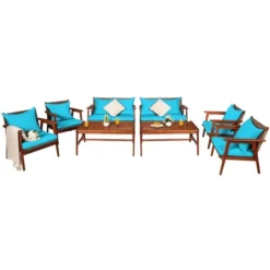 Costway 8PCS Patio Rattan Furniture Set Acacia Wood Frame Cushioned Sofa Chair Turquoise -Outdoor Deals Garden Store GUEST c68ea905 75cb 4d2c 8355 88bf9f0b2586
