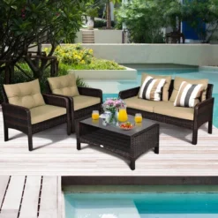 Costway 4PCS Patio Rattan Furniture Set Loveseat Sofa Coffee Table Garden W/ Cushion -Outdoor Deals Garden Store GUEST c6942a9c 07b2 4e59 9699 abe819e5ff44 1