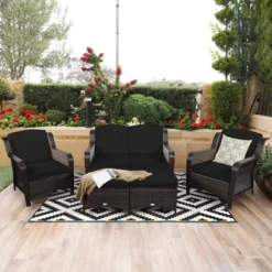 Costway 5PCS Patio Rattan Furniture Set Loveseat Sofa Ottoman W/RedWhite Cushion -Outdoor Deals Garden Store GUEST c71ba7d6 f461 418b a4e7 0307db2a0b92