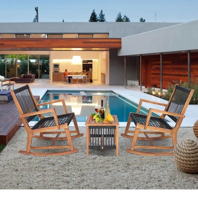 Costway 3pcs Patio Acacia Wood Bistro Table Rocking Chair Set All-Weather Rope Outdoor 1 Costway 3pcs Patio Acacia Wood Bistro Table Rocking Chair Set All-Weather Rope Outdoor