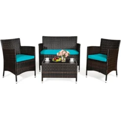 4PCS Outdoor Patio PE Rattan Wicker Table Shelf Sofa Furniture Set With Cushion