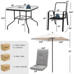 Costway 6PCS Patio Dining Set Stackable Chairs Cushioned Glass Table W/Umbrella -Outdoor Deals Garden Store GUEST c806f474 810f 4049 8b94 46226c725704