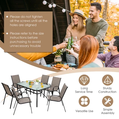 Costway 7PCS Patio Dining Set 6 Stackable Chairs Glass Table Umbrella Hole Yard 5 Costway 7PCS Patio Dining Set 6 Stackable Chairs Glass Table Umbrella Hole Yard - Image 5