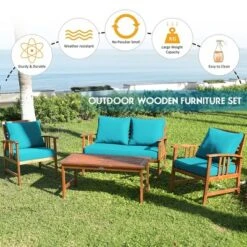Costway 8PCS Wooden Patio Furniture Set Table Sofa Chair Cushioned Garden Turquoise -Outdoor Deals Garden Store GUEST cae35124 ec70 4e6b bf27 ebced8fa816c