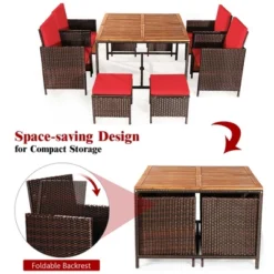 Costway 9PCS Patio Rattan Dining Set Cushioned Chairs Ottoman Wood Table Top WhiteRed -Outdoor Deals Garden Store GUEST cbd922fb e63d 482a 915c 81347a4f95bd