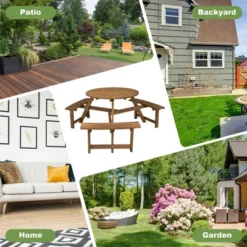 Costway 6-person Round Wooden Picnic Table Outdoor Table W/ Umbrella Hole & Benches -Outdoor Deals Garden Store GUEST cc71fc75 81df 4cee 8e15 621c653d7509