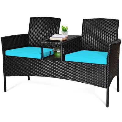 Costway Patio Rattan Conversation Set Seat Sofa Cushioned Loveseat Glass Table Chair RedTurquoise 1 Costway Patio Rattan Conversation Set Seat Sofa Cushioned Loveseat Glass Table Chair RedTurquoise