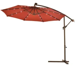 Costway 10' Hanging Solar LED Umbrella Patio Sun Shade Offset Market W/Base Burgundy