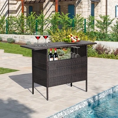 Costway Patio Garden Rattan Wicker Bar Height Counter Table Storage Shelf Rail 2 Costway Patio Garden Rattan Wicker Bar Height Counter Table Storage Shelf Rail - Image 2