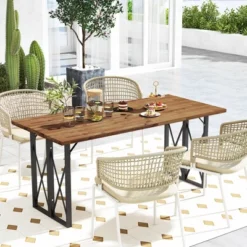 Costway 67'' Patio Rectangle Table Heavy-Duty Acacia Wood Dining Table With Umbrella Hole -Outdoor Deals Garden Store GUEST cf35e51e 1255 41e3 8574 e1a17ed84e0a