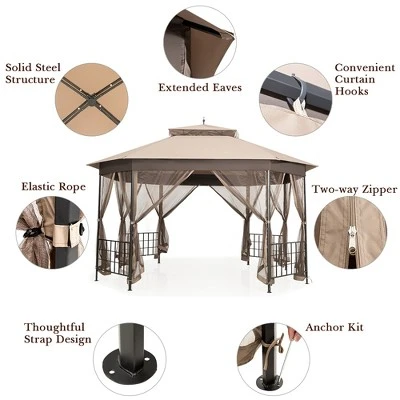 Costway 10' X 12' Octagonal Patio Gazebo Canopy Shelter Double Top W/Netting Sidewalls 6 Costway 10' X 12' Octagonal Patio Gazebo Canopy Shelter Double Top W/Netting Sidewalls - Image 6