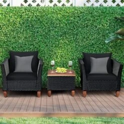 Costway 3 PCS Outdoor Patio Rattan Bistro Furniture Set Wooden Table Top Cushioned Sofa Black Brown -Outdoor Deals Garden Store GUEST cff48581 a56e 4d02 98f2 ba52112b5087