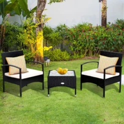 Costway 3 PCS Furniture Set Table & 2 Chair Patio Wicker Rattan W/Cushion -Outdoor Deals Garden Store GUEST d0333ab6 252f 4713 8eef 53f3e1969f98