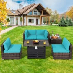 Costway 6PCS Patio Rattan Furniture Set 42'' Fire Pit Table Cover Sofa Cushion Off White/Black/Navy/Red/Turquoise -Outdoor Deals Garden Store GUEST d10e7258 e33a 4cd7 a9e0 bd6b0b4e7a1f