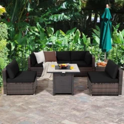 Costway 7PCS Patio Rattan Furniture Set 30'' Fire Pit Table Cover Cushion Sofa Off WhiteBlackNavyRedTurquoise -Outdoor Deals Garden Store GUEST d169476b 9fe1 4aac ab5a eb821d8c8c85