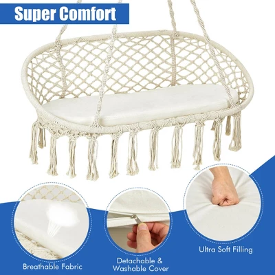 Costway 2 Person Hanging Hammock Chair With Cushion Macrame Swing 330 Lbs Capacity 7 Costway 2 Person Hanging Hammock Chair With Cushion Macrame Swing 330 Lbs Capacity - Image 7