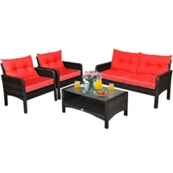 Costway 4PCS Patio Rattan Furniture Set Loveseat Sofa Coffee Table Cushioned Sofa Garden