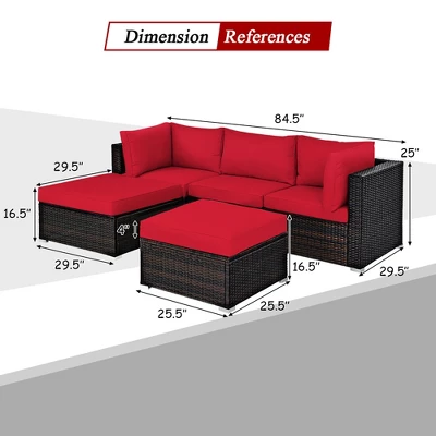 Costway 5PCS Patio Rattan Furniture Set Sectional Conversation Set Ottoman Table Red 3 Costway 5PCS Patio Rattan Furniture Set Sectional Conversation Set Ottoman Table Red - Image 3
