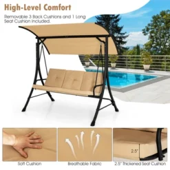 Costway 3-Seat Outdoor Porch Swing Adjustable Canopy Padded Cushions Steel Frame BeigeBlack -Outdoor Deals Garden Store GUEST d4a52791 5669 48fa a4ac c8091b4190b7