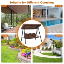 Costway Outdoor 3-Seat Porch Swing With Adjust Canopy And Cushions GrayBrown -Outdoor Deals Garden Store GUEST d6db886c 6829 416a b76d b3d218e7313c