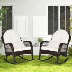 Costway 2PCS Patio Wicker Rocking Chair W/Seat Back Cushions & Lumbar Pillow Balcony -Outdoor Deals Garden Store GUEST d935e8bd 3f39 49de b83e 734b0b5308aa