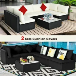 Costway 7PCS Patio Rattan Furniture Set Sectional Sofas Off White & Black Cushion Covers -Outdoor Deals Garden Store GUEST d9429d28 8975 4677 8590 893c891b456d