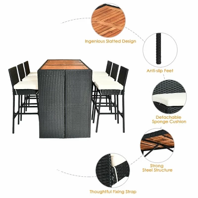 COSTWAY 7 PCS Patio Rattan Wicker Bar Dining Furniture Set Wood Table Top 6 Stools 9 COSTWAY 7 PCS Patio Rattan Wicker Bar Dining Furniture Set Wood Table Top 6 Stools - Image 9