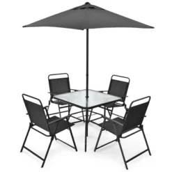 Costway 6PCS Patio Furniture Dining Set Folding Chairs Glass Table W/Umbrella Deck Grey -Outdoor Deals Garden Store GUEST daae6150 d52d 4224 b811 c426cbf34f11