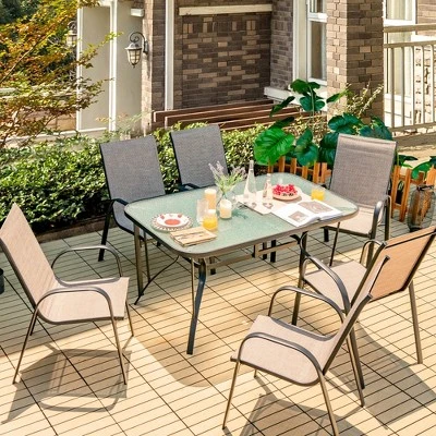 Costway 7PCS Patio Dining Set 6 Stackable Chairs Glass Table Umbrella Hole Yard 2 Costway 7PCS Patio Dining Set 6 Stackable Chairs Glass Table Umbrella Hole Yard - Image 2