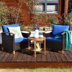 Costway 3PCS Patio Rattan Furniture Set Wooden Frame Cushion Table Shelf RedBeigeBlue -Outdoor Deals Garden Store GUEST dbd1d562 85db 4ea4 a888 6ad008e95343