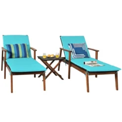 Costway 3PCS Patio Rattan Lounge Chair Folding Table Set Chaise Wood Cushioned WhiteTurquoise -Outdoor Deals Garden Store GUEST dc21feec 1be7 4cf6 b8f0 7ff116d9923f