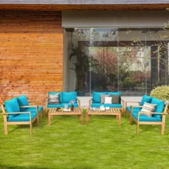 Costway 8PCS Patio Furniture Set Acacia Wood Thick Cushion Loveseat Sofa Off WhiteTurquoiseGrey -Outdoor Deals Garden Store GUEST dd04260e be81 43b5 aed6 50e160fd7d12