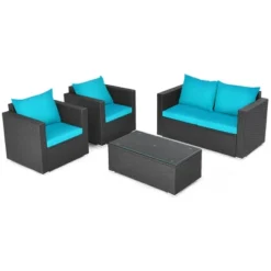 Costway 4PCS Patio Rattan Cushioned Sofa Chair Coffee Table Turquoise -Outdoor Deals Garden Store GUEST dd36b1ca 1950 443c a599 56350173bc2a