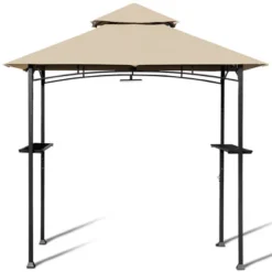 Costway 8' X 5' Outdoor Patio Barbecue Grill Gazebo W/ LED Lights 2-Tier Canopy Top Tan