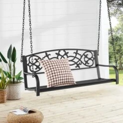 Costway 2-Person Metal Outdoor Porch Swing Hanging Patio Bench 485 Lbs Capacity BlackBrown -Outdoor Deals Garden Store GUEST dd9415d1 0871 45f6 b13d 043698590178