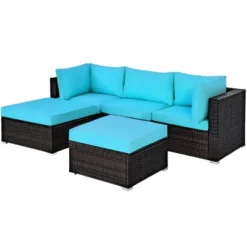 Outdoor Deals Garden Store 4 Costway 5PCS Patio Rattan Sectional Conversation Set Ottoman Turquoise