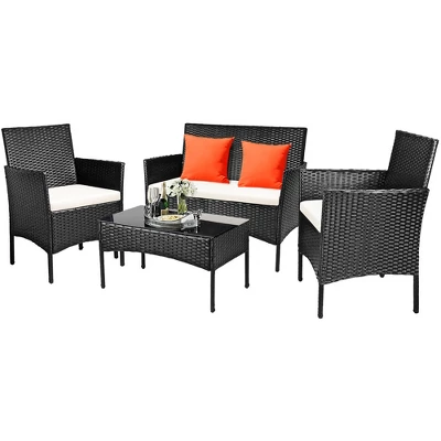 Costway 4PCS Patio Rattan Furniture Set Cushioned Sofa Coffee Table Backyard Porch White 1 Costway 4PCS Patio Rattan Furniture Set Cushioned Sofa Coffee Table Backyard Porch White