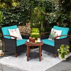 Costway 3PCS Patio Rattan Furniture Set Wooden Frame Cushion Table Shelf RedBeigeBlue -Outdoor Deals Garden Store GUEST df1a71a2 e675 444f b58e 6be5c9bd6f5f