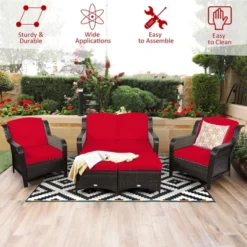 Costway 5PCS Patio Rattan Furniture Set Loveseat Sofa Ottoman W/RedWhite Cushion -Outdoor Deals Garden Store GUEST df2ceb41 5018 4b29 a682 69d918832890