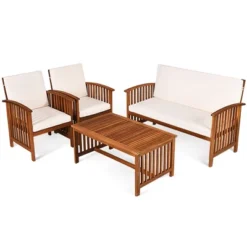 Costway 4PCS Patio Solid Wood Furniture Set Conversation Coffee Table W/White Cushion -Outdoor Deals Garden Store GUEST df8c7726 8fee 421c 87fe 97f7f25c9217