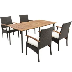 Costway 5PCS Patio Wicker Dining Set Cushion Acacia Wood Armchairs Table With Umbrella Hole -Outdoor Deals Garden Store GUEST e1cfda88 e51d 415f 8615 2d6ebb1d5e36