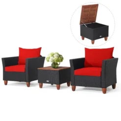 Costway 3PCS Patio Rattan Furniture Set Cushioned Sofa Storage Table With Wood Top Red/Black -Outdoor Deals Garden Store GUEST e24b36cb 08f3 42f6 acde a57ad0d9bb82