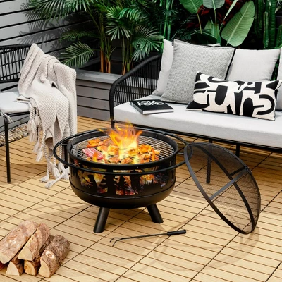 Costway 30'' Patio Round Fire Pit W/ Fire Poker Cooking Grill For Camping BBQ 1 Costway 30'' Patio Round Fire Pit W/ Fire Poker Cooking Grill For Camping BBQ